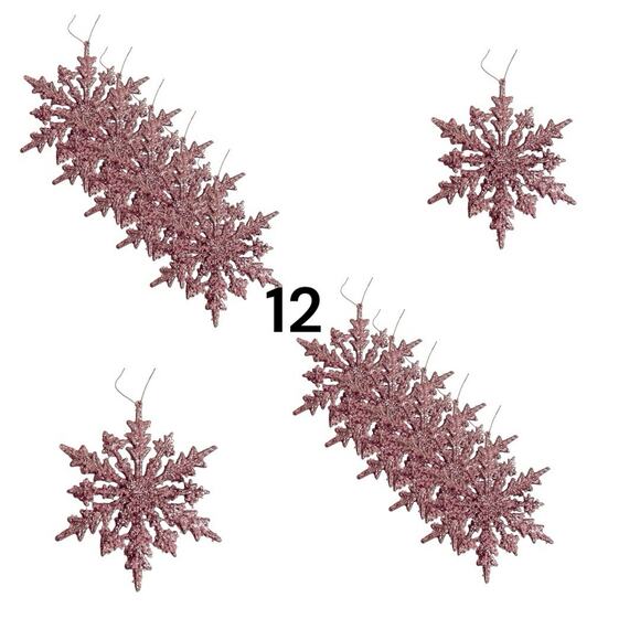 Pink Glitter Snowflake Ornaments 12 (6.5 in) Hanging Decor Pink Christmas - Picture 2 of 6